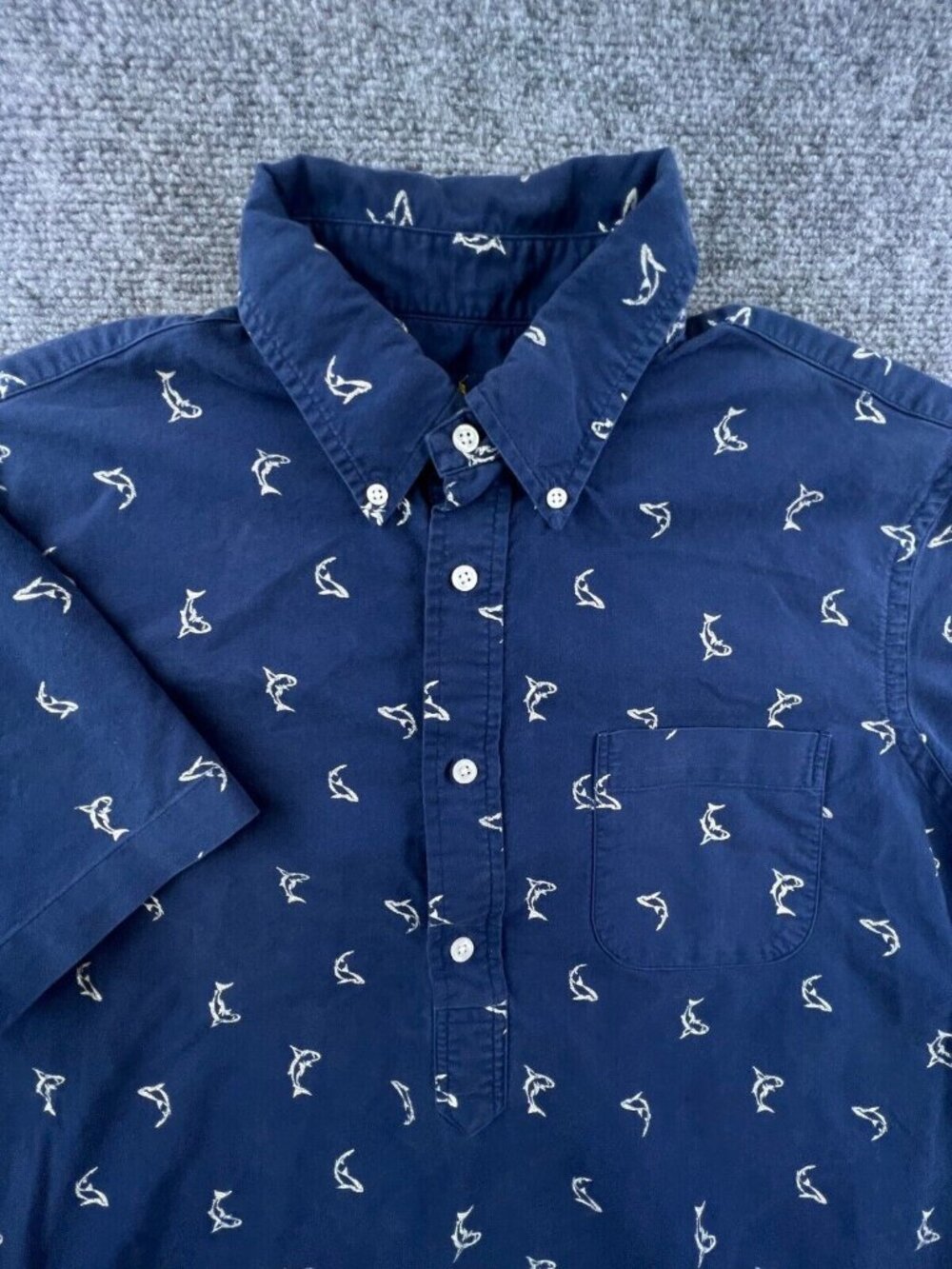 Ralph Lauren Half Button Up Shirt Short Sleeve Blue Shark Print Large Ocean
